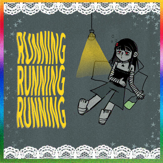 Himawari is laying down on some pillows, with one hand on her stomach and the other on the side holding a bottle of licor. It's all dark in blue, but there's one yellow light that barely covers Himawari. Or the borders of the digital canvas there is a raim