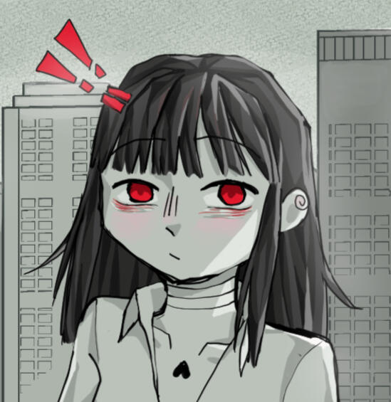 Himawari is in the city, with a lot of buildings, looking at something that called her attetion with her bright red eyes making a relaxed expression
