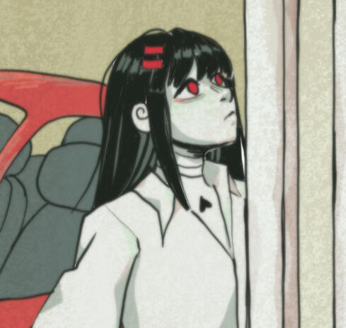 This a close up of Himawari transpassing the building's entrance. She is looking at the inside of the place expressionless while trying to fit the small space to enter