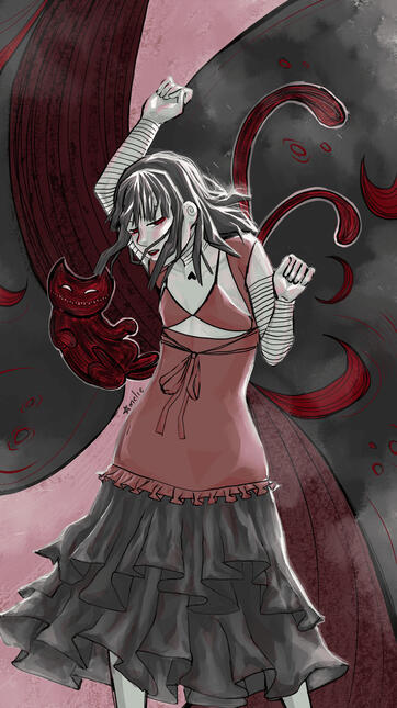 Himawari, a dark haired girl with dead-like pale skin, dancing in a long black skirt and a disatureted red top with visible bra. At her side her weird two-tailed "black cat" is floating to the beat of the music. In the background there's a wave of an mist