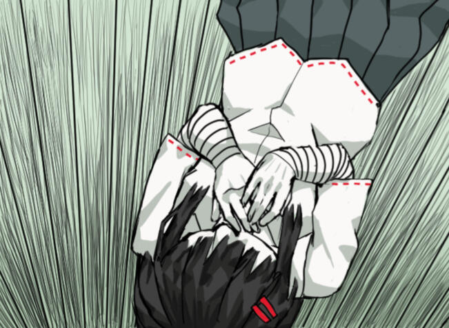 In this scene, Himawari is falling and holding something onto her chest. we can see her from a low angle, like we can see she falling from above