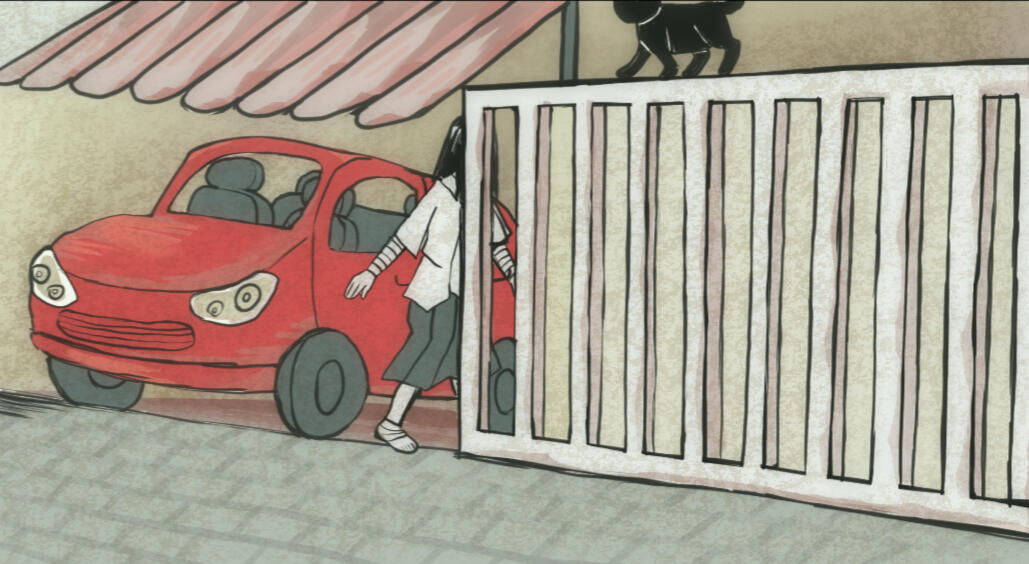 Himawari is traspassing a building's entrance for cars, she does so using the opening of the garage door while a red car leaving. Sorry for the not very descritive Alternative text, I will fix it later