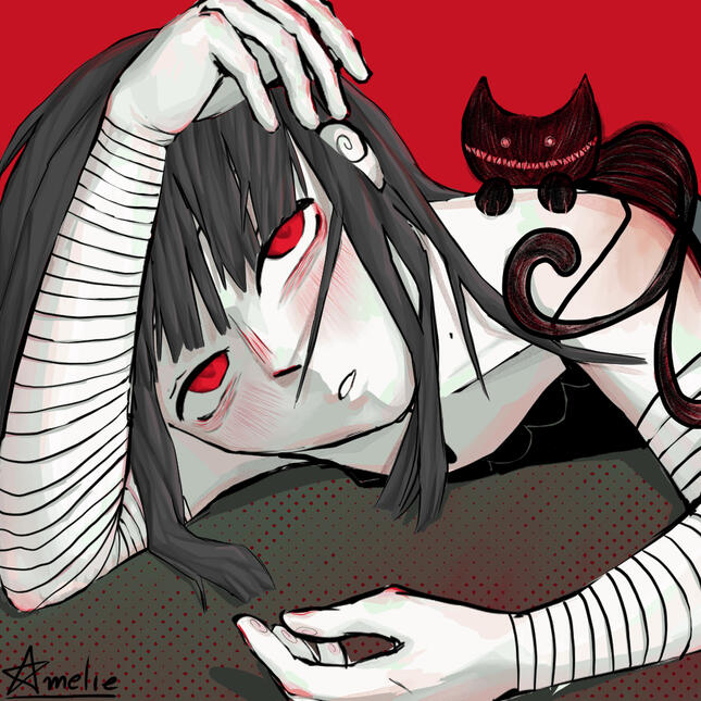 Himawari, a black-haired girl with a very pale skin, is laying down with a devilish two-tailed black cat on her shoulder in a bright red background
