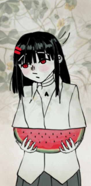himawari is standing still holding her watermelon and looking down. sheś colored iin her classic black hair and a plant pattern in a dissatureted green and yellow.