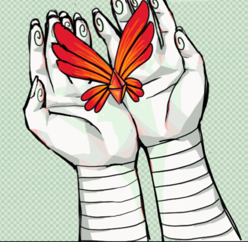 hima's hands are gently holdind a red butterfly with a red crystal instead of her body